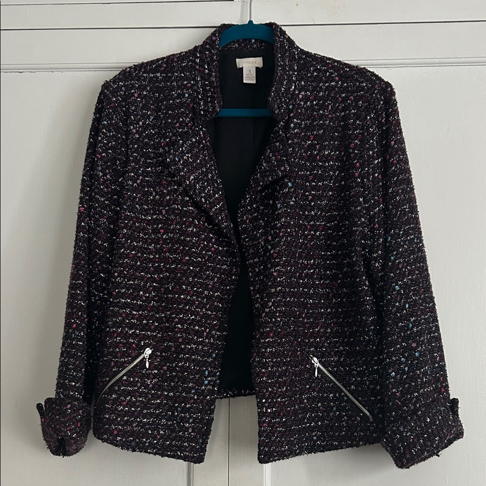 Chico's Multicolor Purple Sparkly Tweed Blazer with Zipper Details